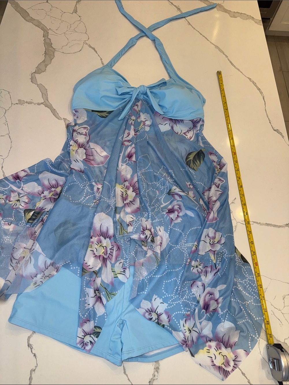 Ladies Light Blue Floral Halter Tankini Swimsuit with matching bottoms XXL